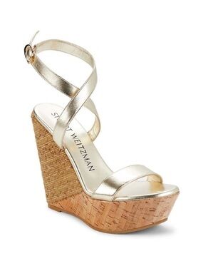 STUART WEITZMAN 5050 Open-Toe Metallic Platform Wedge Sandals in Platinum Size 9